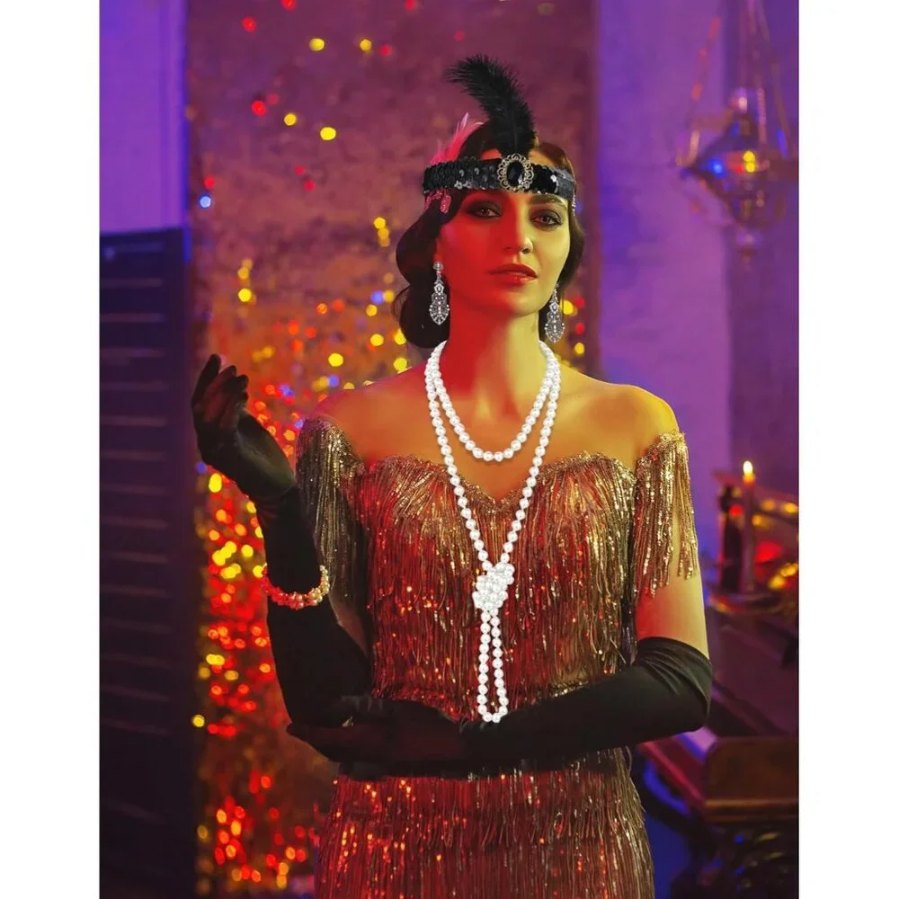 1920s Flapper Accessories Set Feather Headband Long Gloves Earrings Necklace - Picture 6 of 6